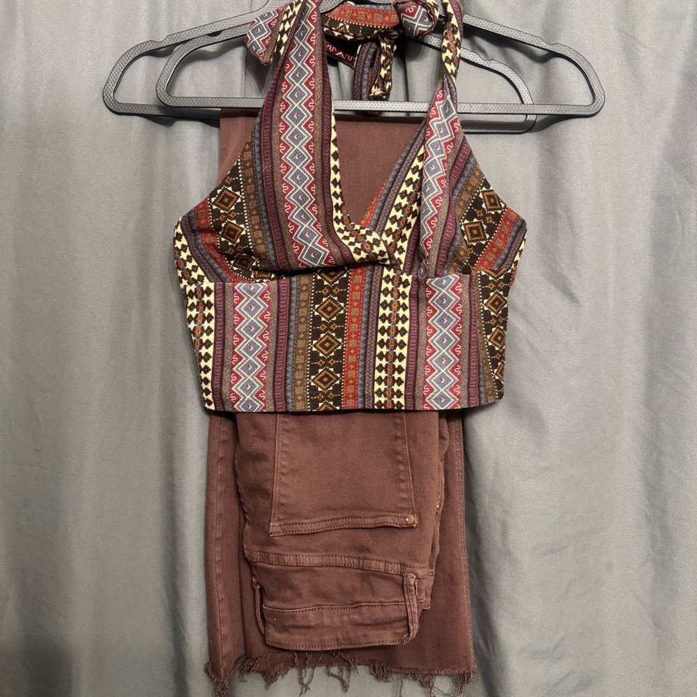 Tribal Print Halter Top and Judy Blue Flare Jeans Set